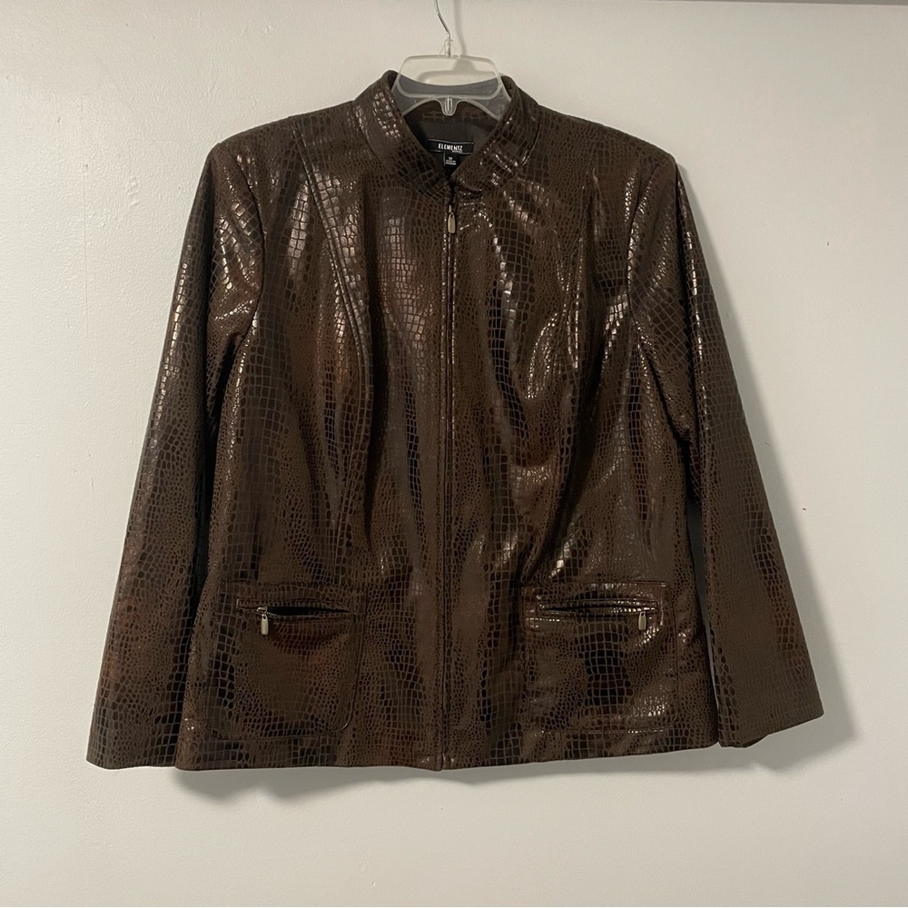 Elementz Woman Brown Faux Croc Skin‎ zip Front Jacket with Pockets 3X EUC